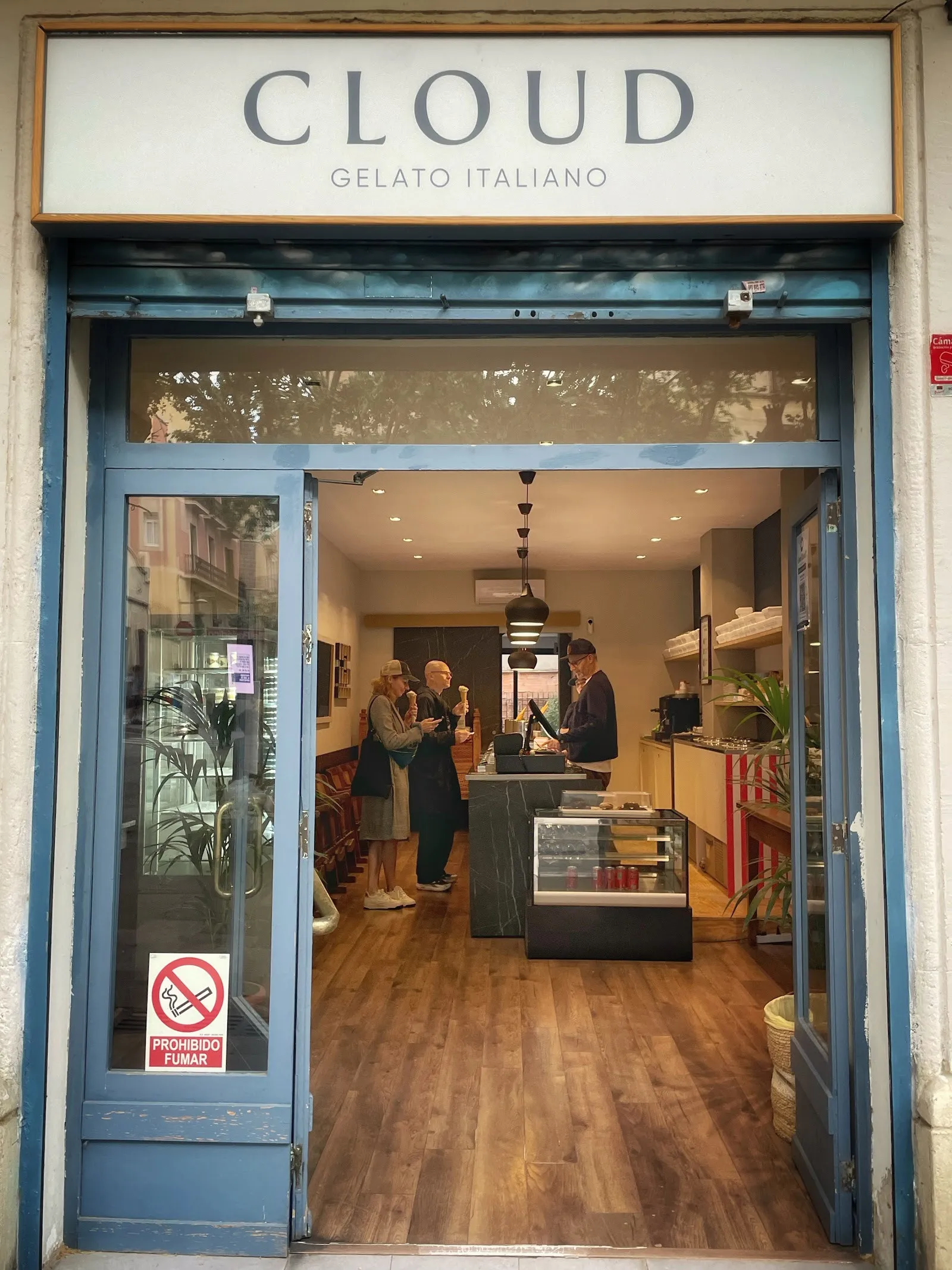 Cloud’s front, with the CLOUD gelato italiano sign above the blue door